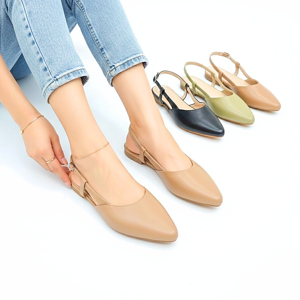R&A282 Pointed Toe Flat Plain Leather Doll Shoes w/ Buckle Ankle Strap  (Narrow Fit/ Add Size)