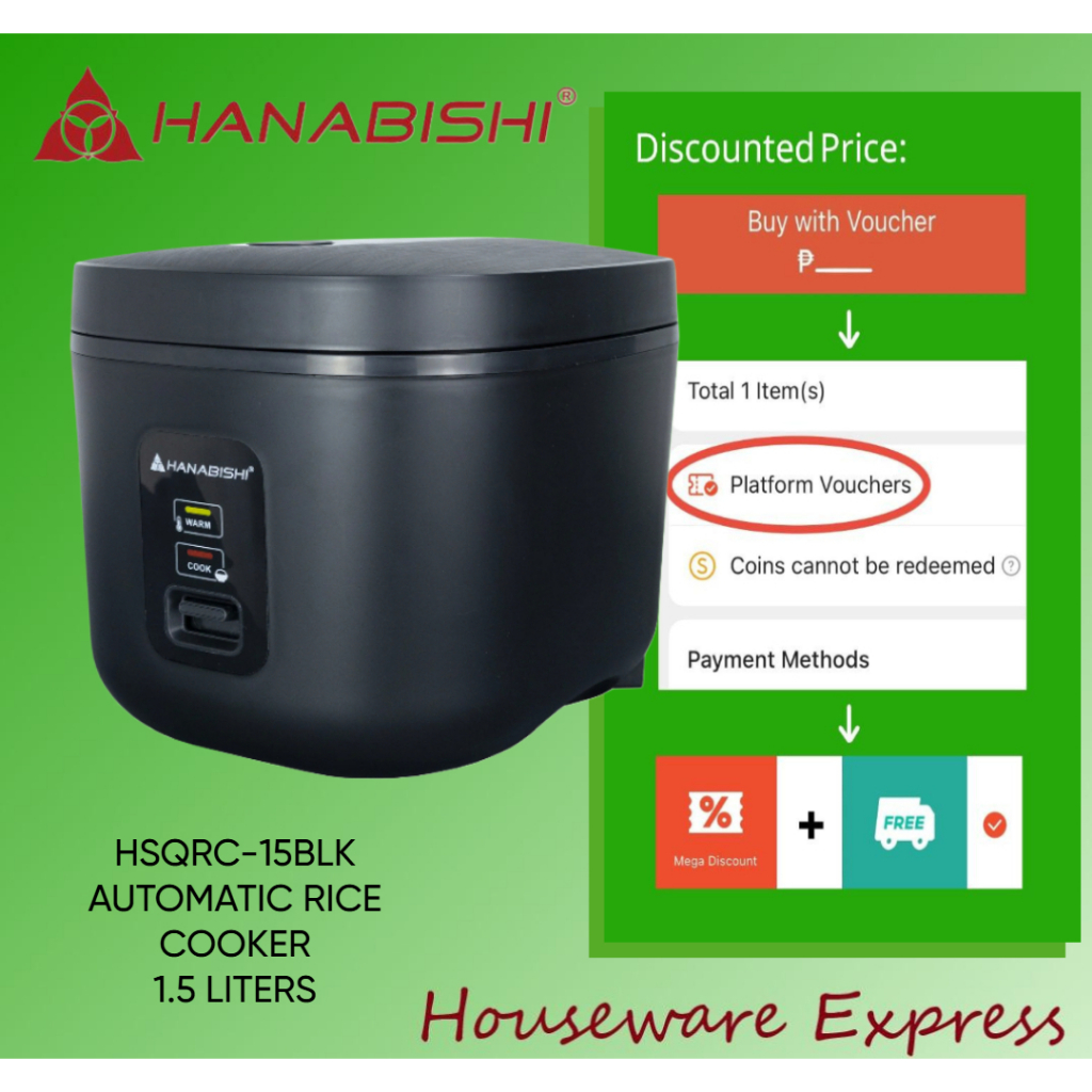 Hanabishi HSQRC-15BLK Rice Cooker 1.5 Liter/7 cups Square Jar Type ...