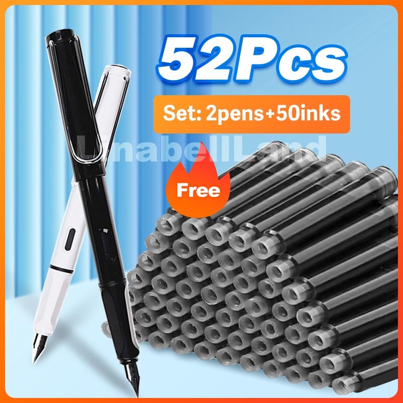 52Pcs Fountain Pen Set 0.38mm Fine Nib 2Pens+50 Ink Refills Calligraphy ...