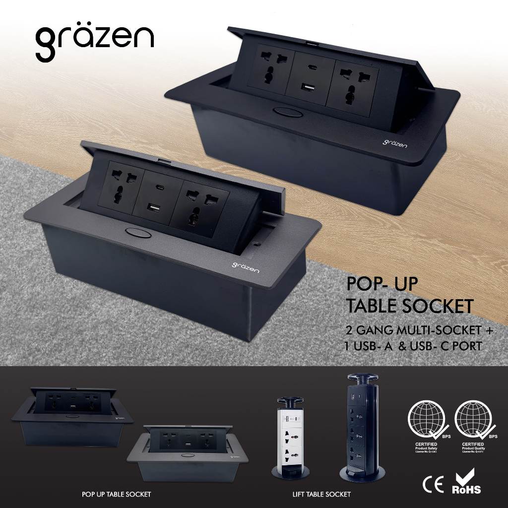 GRAZEN Pop-up Table Socket: 2 Gang Multi-Socket+ USB-A + USB-C Gray ...