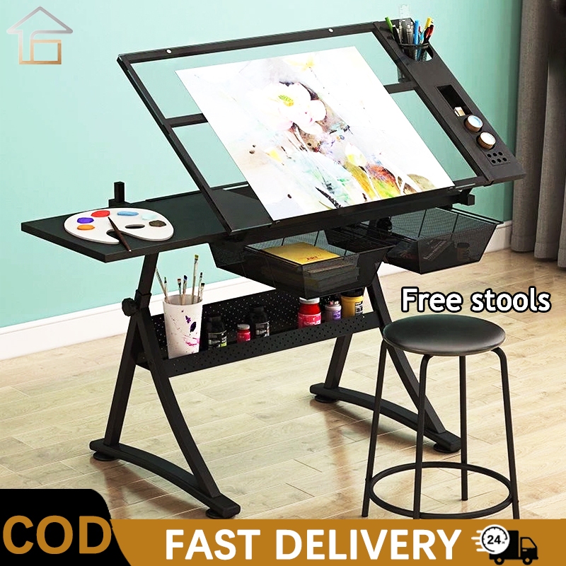 Drawing Glass Table Height Adjustable Study Desk With Extra Side Drawer ...