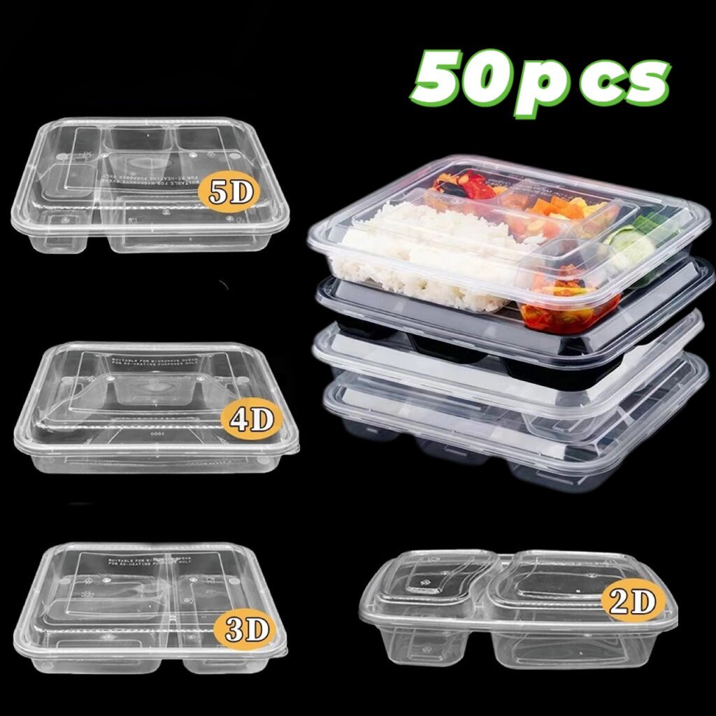 50pcsBentoBox Black Clear Divided Bento Box Tray|Microwavable Food ...
