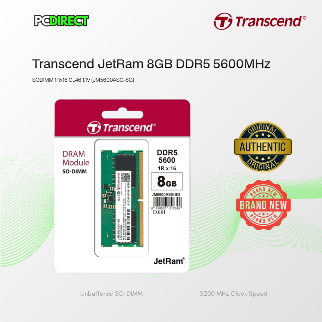 Transcend JetRam 8GB DDR5 5600MHz SODIMM 1Rx16 CL46 1.1V (JM5600ASG-8G ...