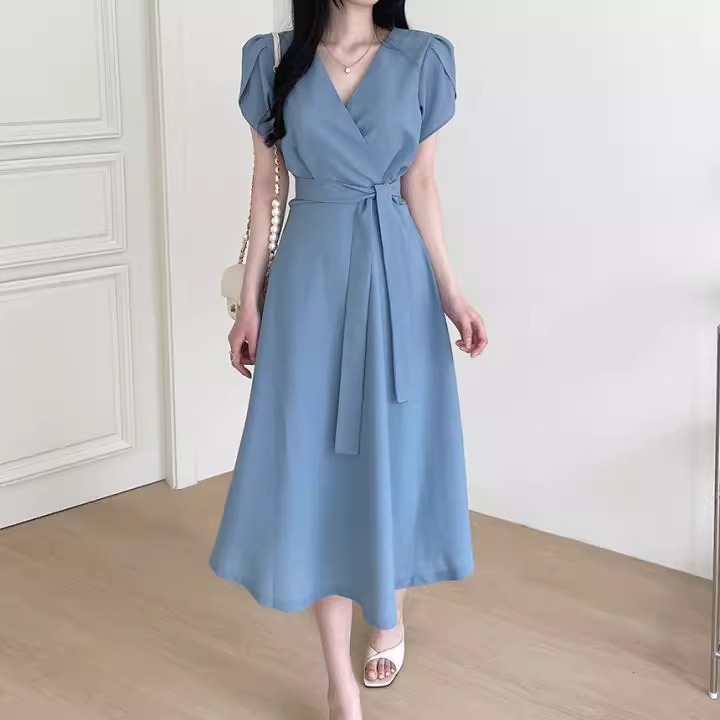 summer blue dress elegant Korean style Midi dress formal fitted dress for  women plus size casual