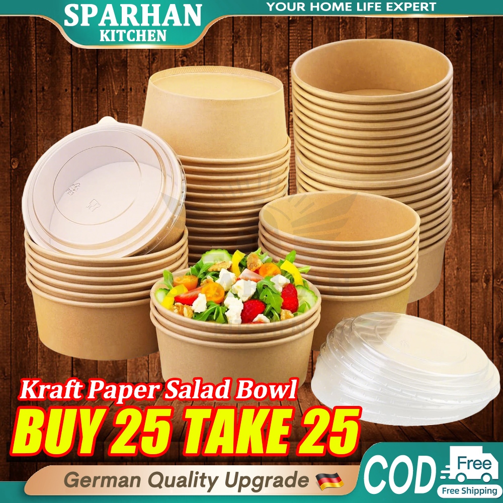 50pcs Kraft Paper Salad Bowl With Plastic Lid Biodegradable Disposable ...