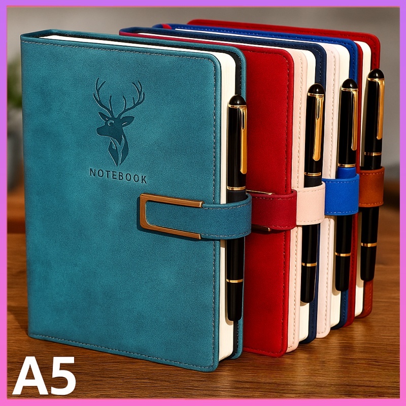 A5 Leather Big Notebook with Pen 416 Pages Magnetic Snap Cover Business ...