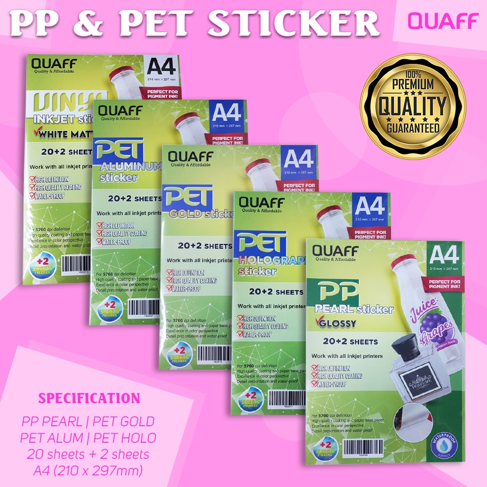 QUAFF Pet Printable Label Sticker Waterproof A4 Size 180Gsm (20+2 ...
