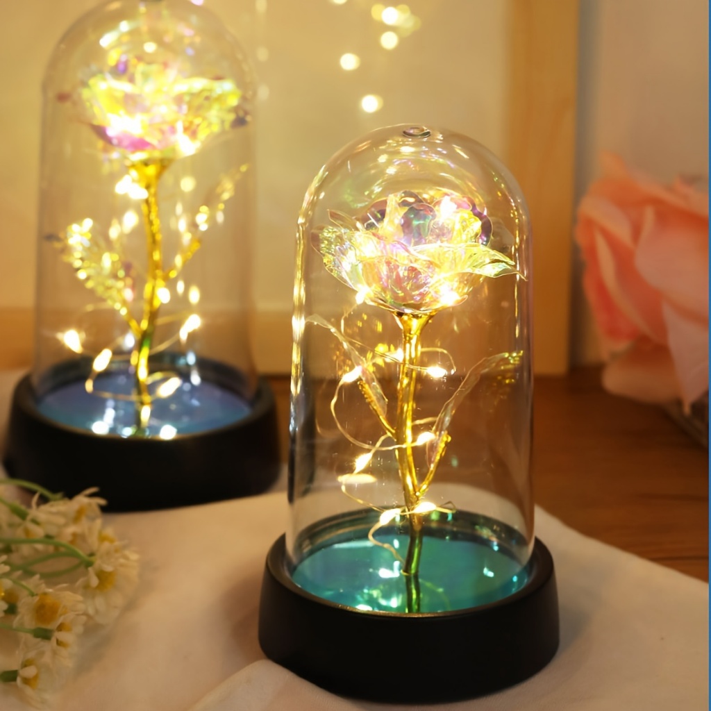 Mini Led Light Rose Artificial in Glass Dome Galaxy Rose Design Home ...