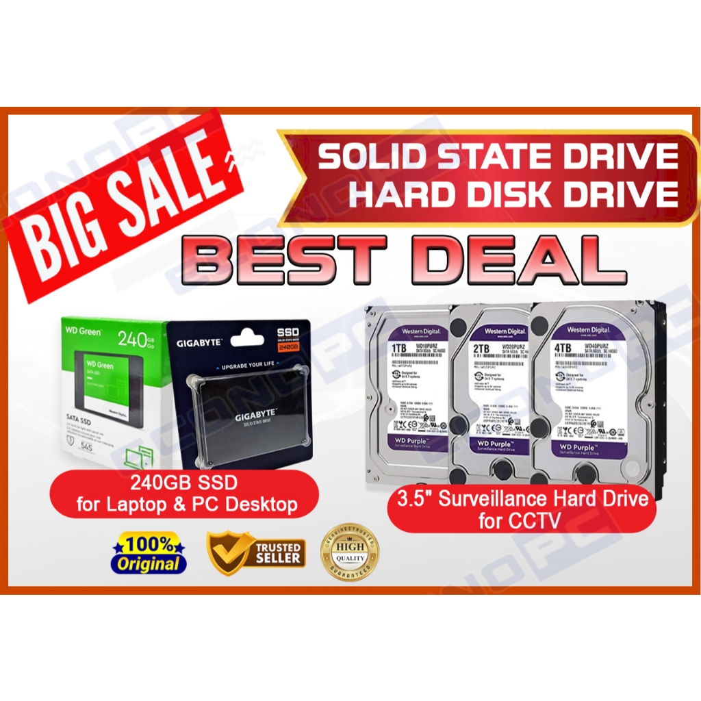STORAGE 240GB SSD HDD 1TB 2TB 4TB HARD DISK SURVEILLANCE  WESTERN DIGITAL- GIGABYTE