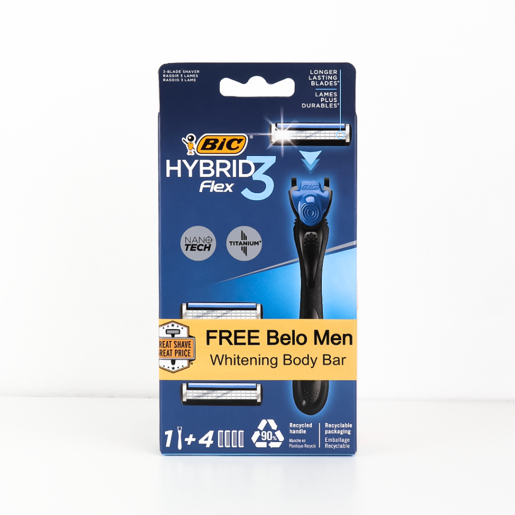 BIC Flex3 Hybrid Men’s Razor 1 Handle + 4 Refills with Free Men's Belo ...