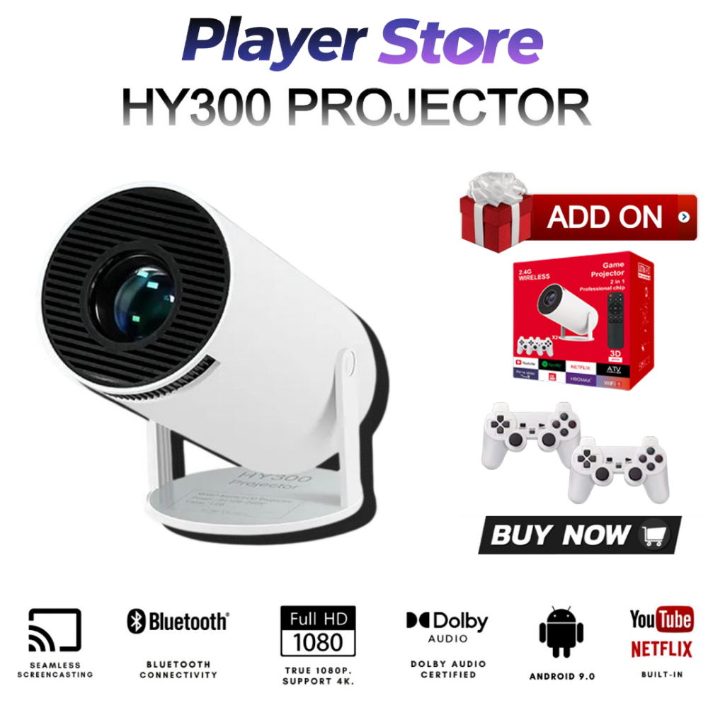 HY300 Barrel Projector Game Console 2 in 1 HD Video 4K Handle 720P ...