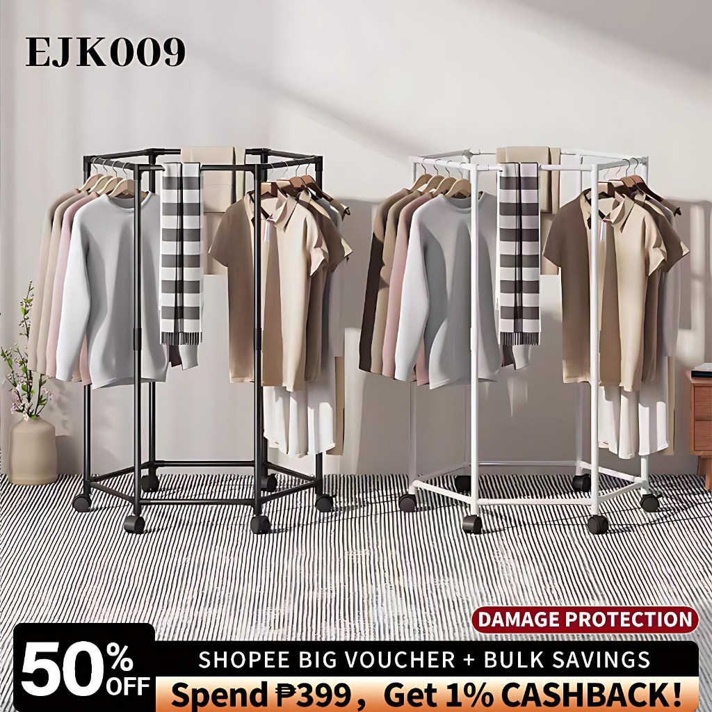 ⚡️COD⚡️Thickened 360° Rotating Clothes Rack With Wheels Display RackFor ...