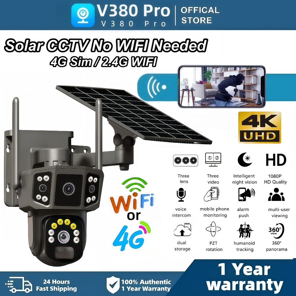 V380 Pro Three Lens Solar CCTV Free 4G SIM Card No Wifi Needed 4K ...