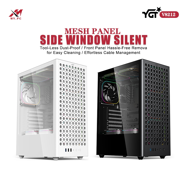 YGT V8212 Desktop ATX pc Case Mesh panel Side window silent home/office ...
