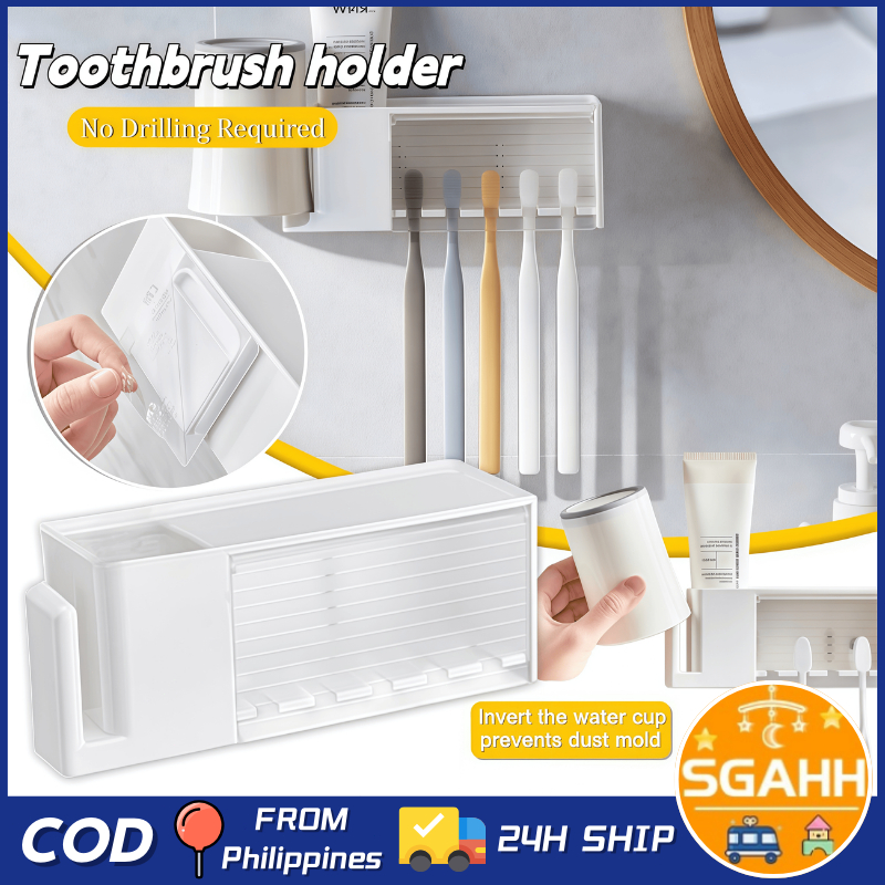 2PCS Wall Mount Toothbrush Holder with Cover Self Adhesive Bathroom 5 ...