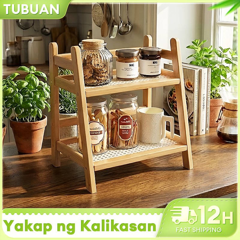 TUBUAN Bamboo Storage Rack organizer Table Storage Double Layer Storage ...