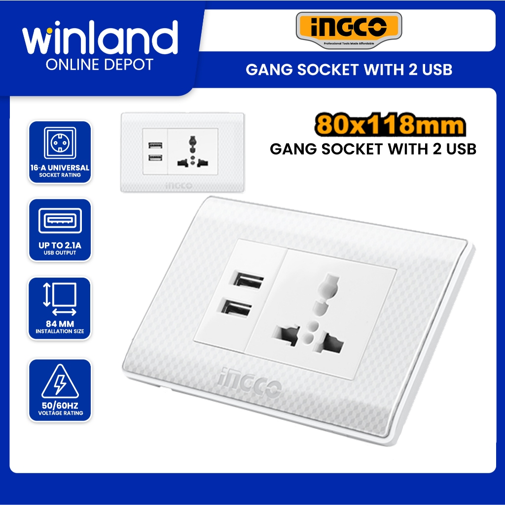 Ingco by Winland 1-Gang Socket with 2 USB 110/250V~ | 50/60Hz 118 x ...