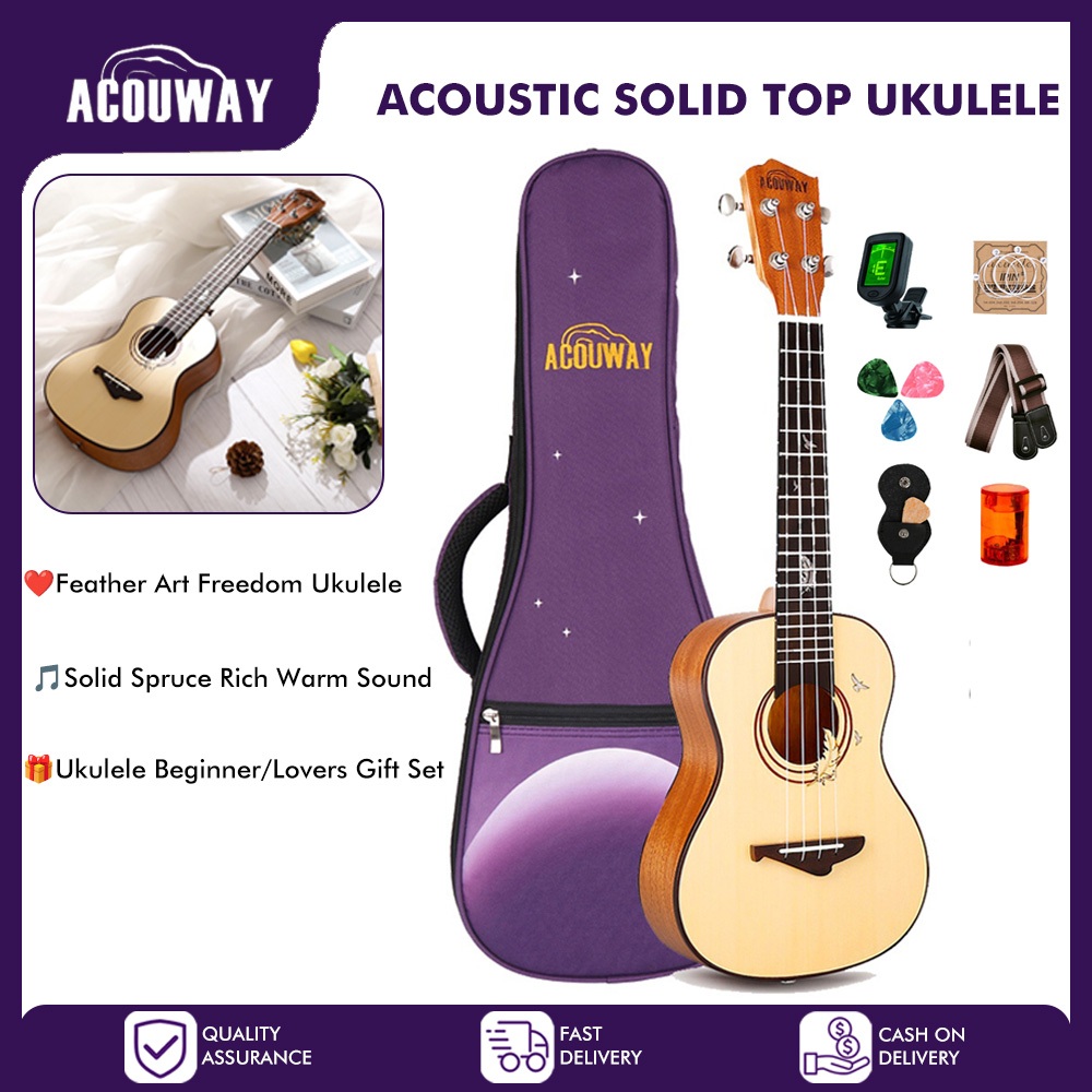 Acouway Concert Ukulele Solid Spruce Top 24 Inch Ukelele Set for adults ...