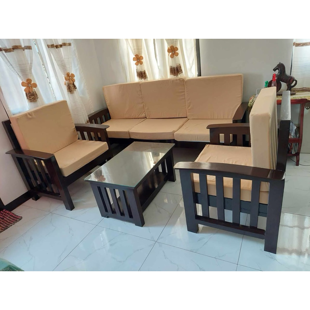 ooden Sala set features a dark wood frame with upholstered cream ...