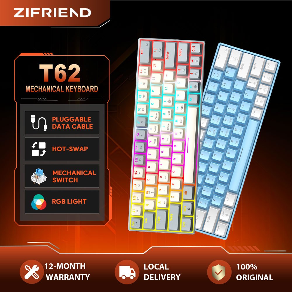 ZIFRIEND T62 Mechanical Keyboard Red Blue Switch RGB Backlit Wired 63 ...
