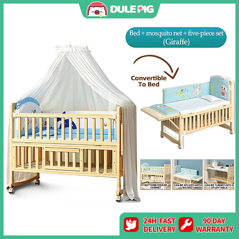 DULEPIG Solid wood crib newborn multifunctional cradle bed can be spliced  ​​into large bed