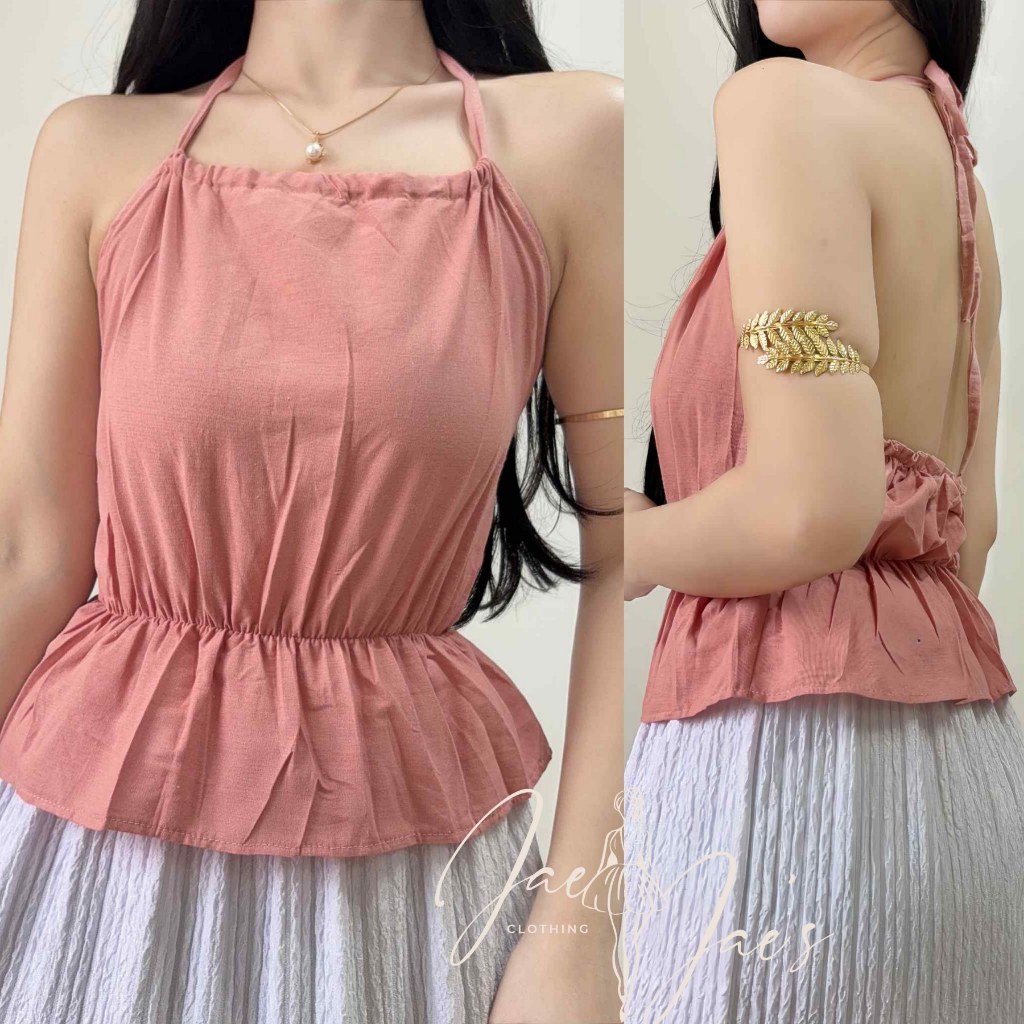 Shuvee Linen Halter Tie Open Back Peplum Body Hugging Top For Women ...