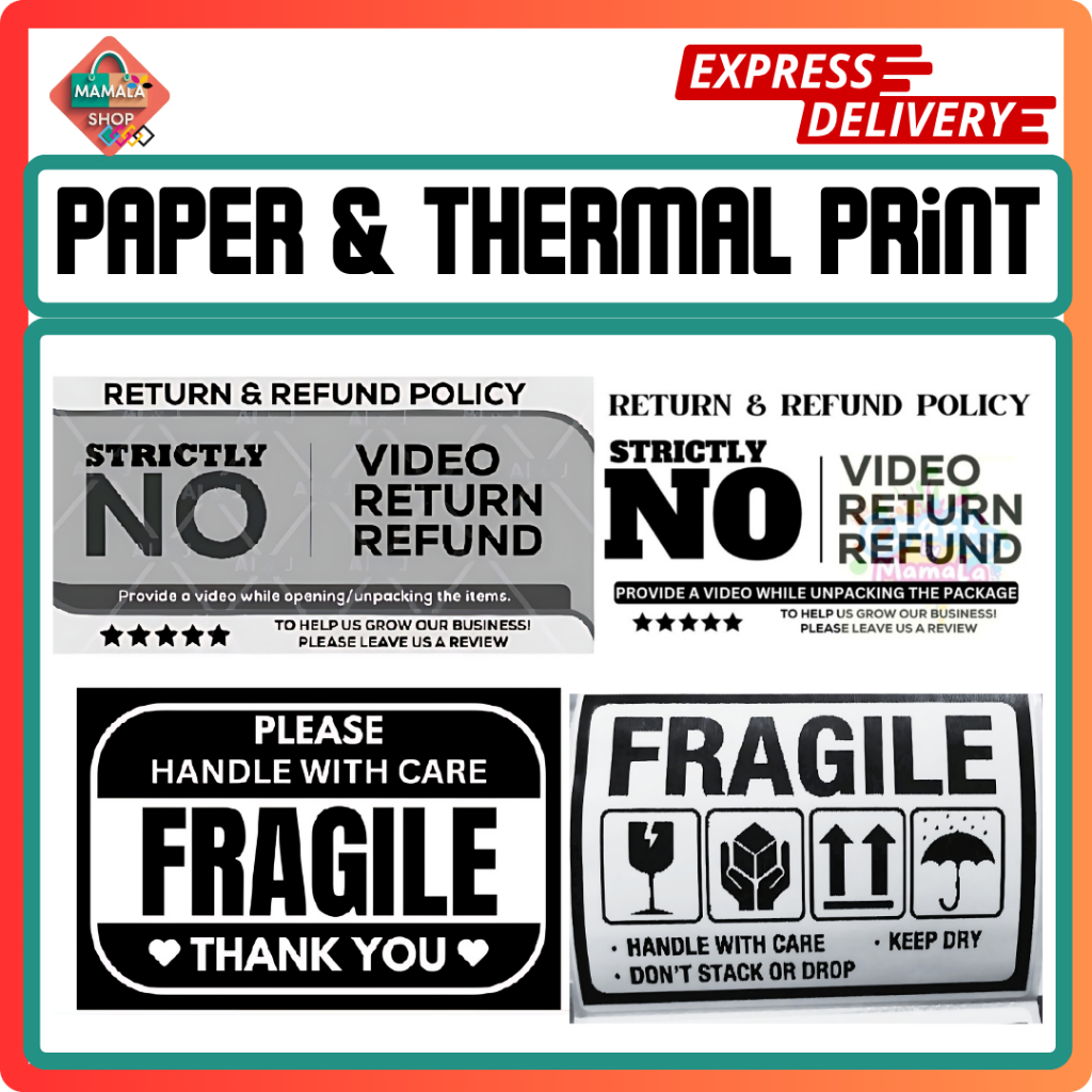WATERPROOF NO VIDEO NO RETURN AND FRAGILE STICKERS PAPER AND THERMAL ...