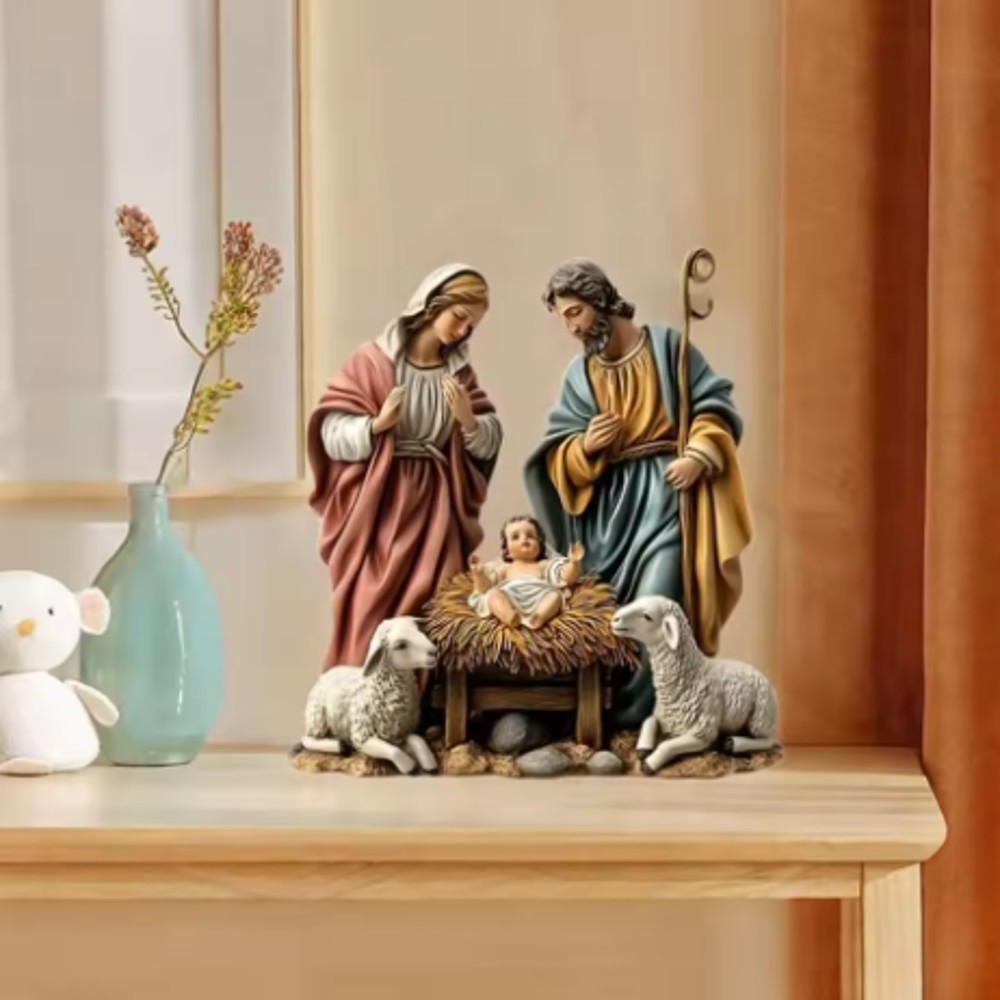 1 pc (20x18 cm) 2D Acrylic Nativity Scene Brown Holy Family with Lambs ...
