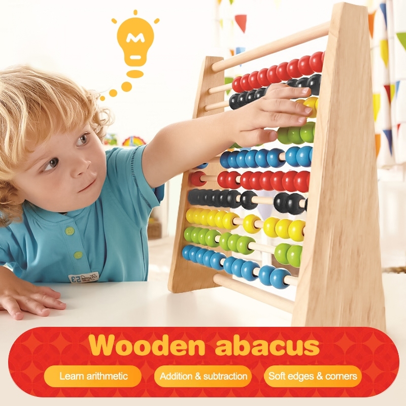 10-Row Wooden Beads Abacus – Educational Math Counting Frame for Kids ...