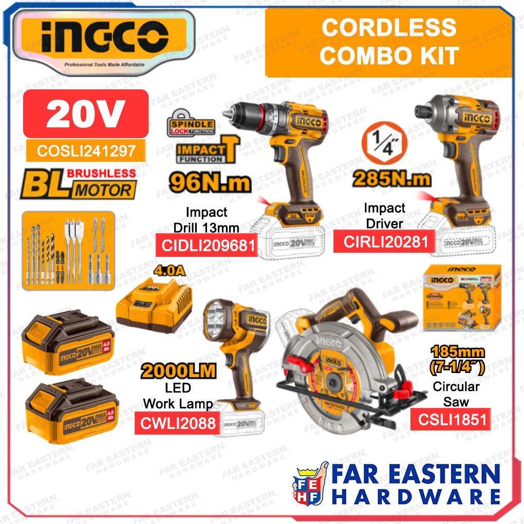 INGCO COMBO KIT Cordless Brushless Impact Drill + Driver + Circular ...