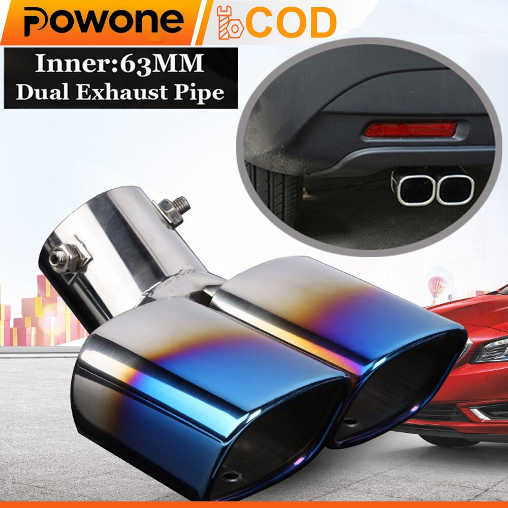 Powone 63mm Car Dual Inlet Rear Exhaust Muffler Pipe Tip Auto Stainless ...