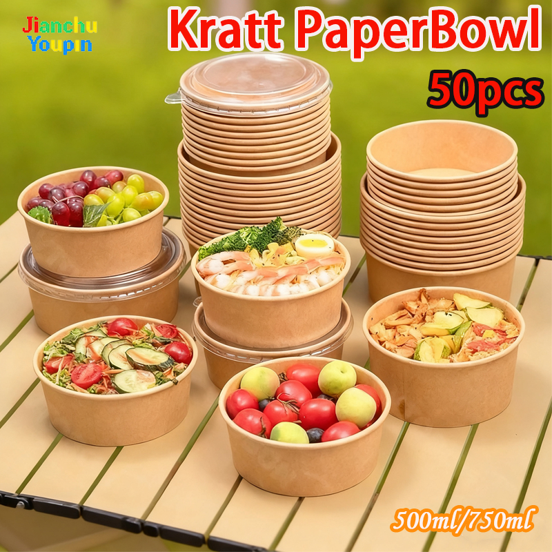 [50 pcs] Kraft Salad Paper Bowl With Lid Paper Disposable Round Cover ...