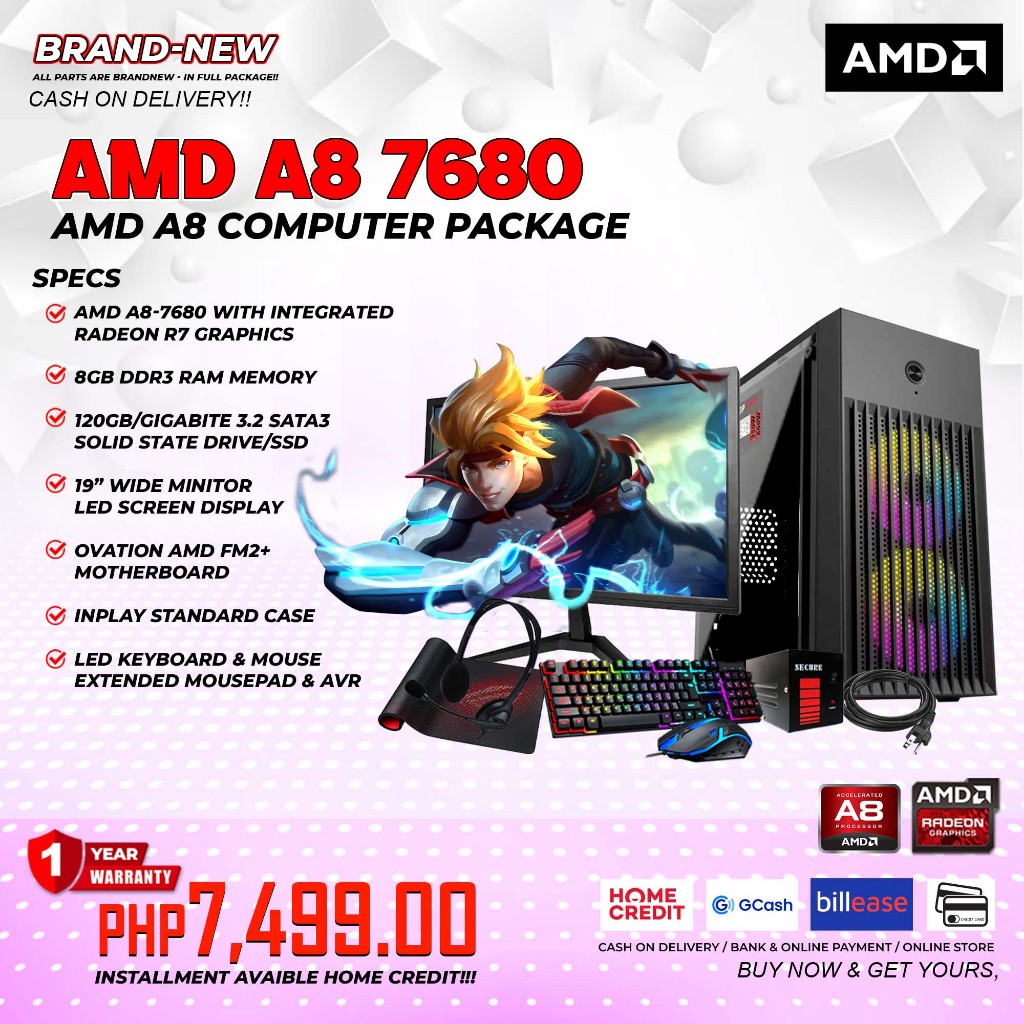 BRANDNEW COMPUTER SET AMD A8-7680 8GB RAM 128GB SSD 19 WIDE MONITOR ...