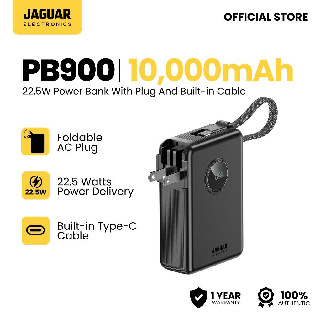 Jaguar Electronics PB900 10000mAh 22.5W PD/QC 3.0 Power Bank With Plug ...