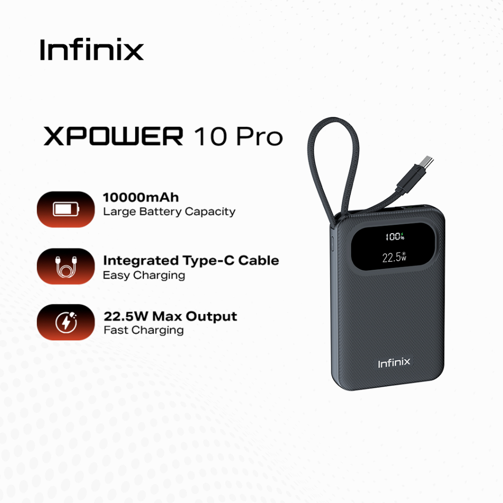 Infinix XPOWER 10 Pro, 10000 mAh Capacity, Integrated Type-C Cable, 22 ...