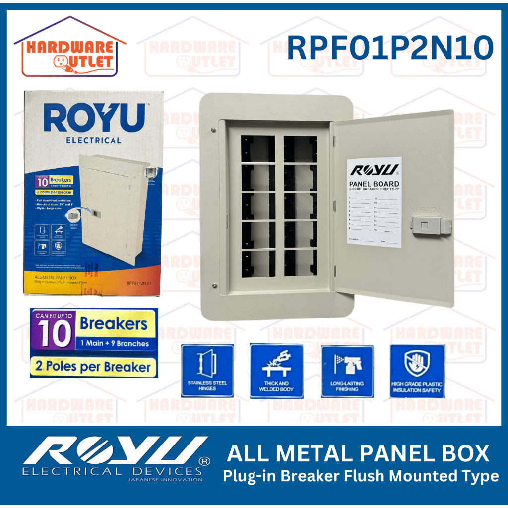 Royu All Metal Panel Box 10 Branches 2 Pole For Plug-In Breaker Flush ...