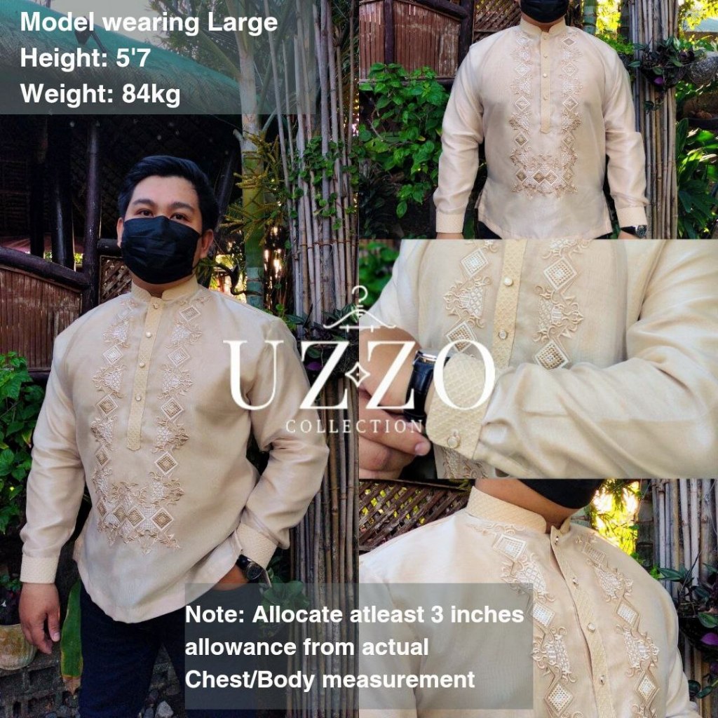 UZZO Beige Modern Barong Tagalog with Lining Embroidered Collar and ...