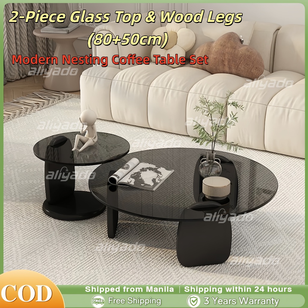 Modern Glass Coffee Table Set, Round Nesting Center Table Minimalist ...