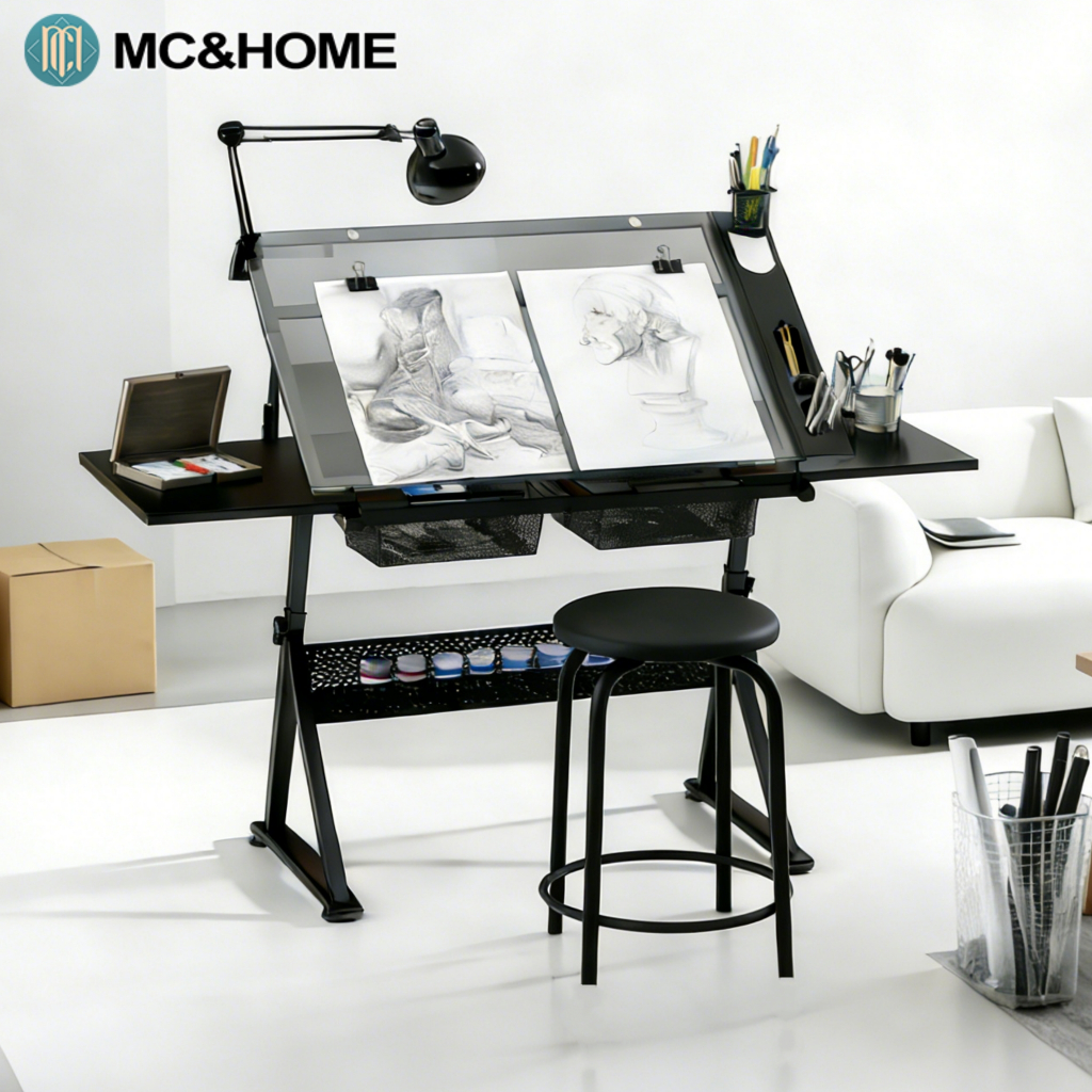 MC&HOME Drafting Glass Table Height Adjustable Drawing Table Extra Side ...