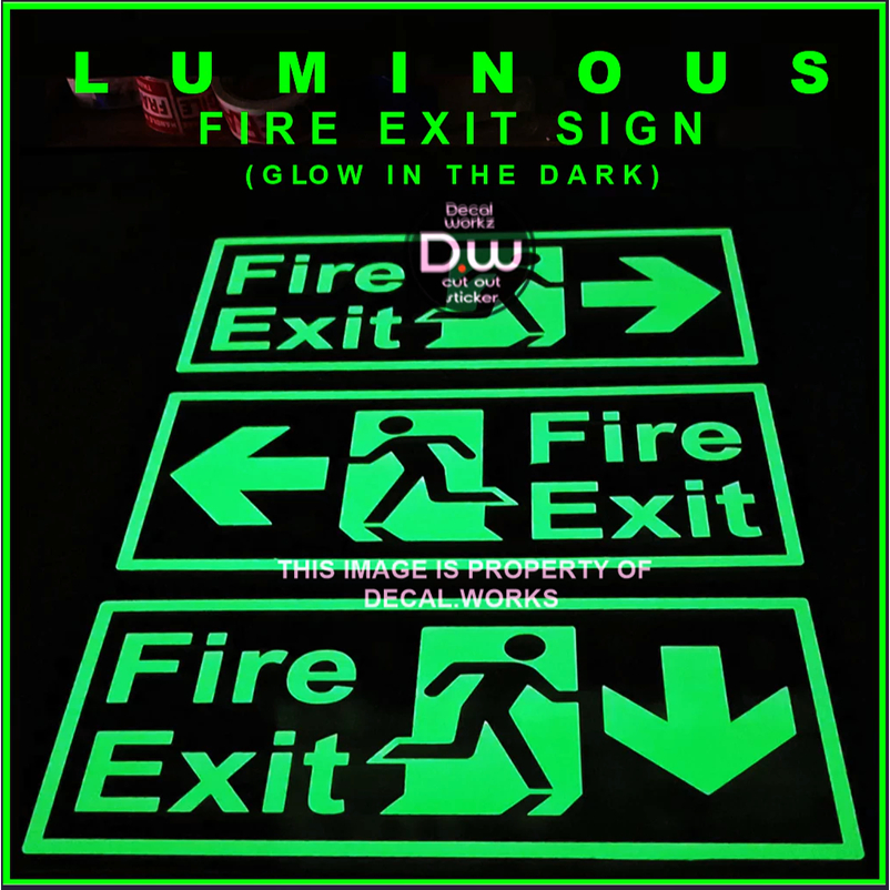 Fire Exit Arrow Sign Luminous / Glow in the Dark Cut Out Sticker in 3mm ...