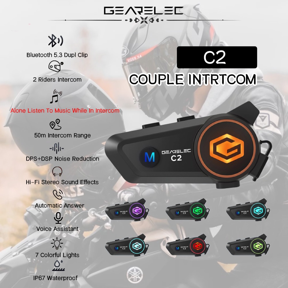 GEARELEC C2 Motorcycle Helmet Intercom Headset For 2 Riders Alone ...