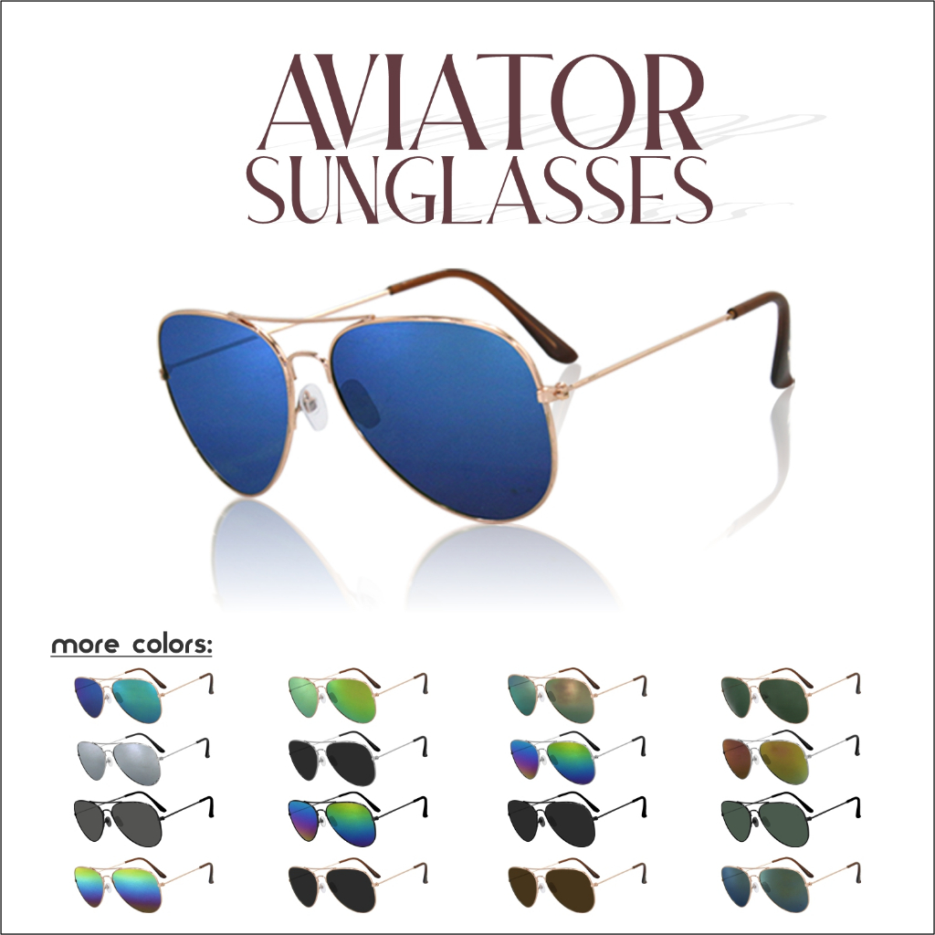 Classic Aviator Sunglasses UV Mirrored Lens Metal Retro Shades Pouch ...