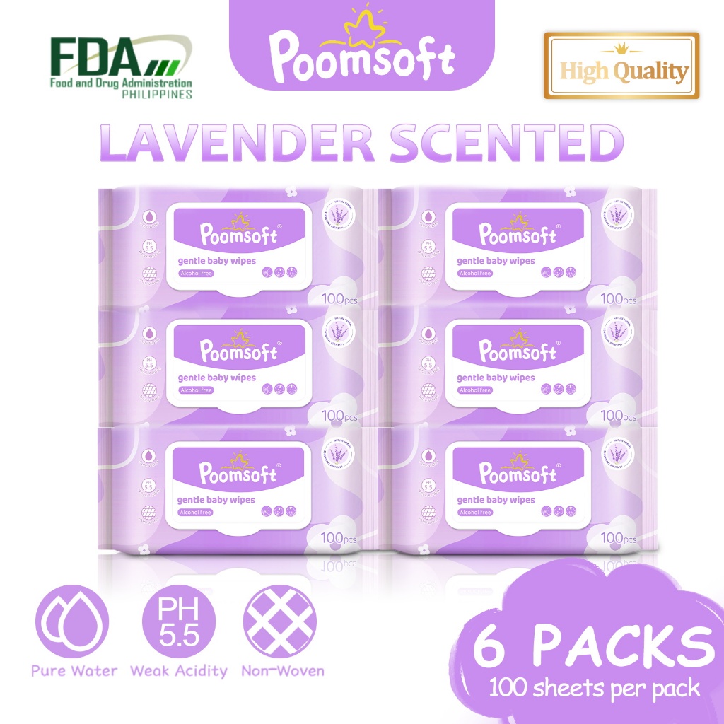 Poomsoft 6 Packs x 100 Sheet Lavender Scented Baby Wipes Gentle ...