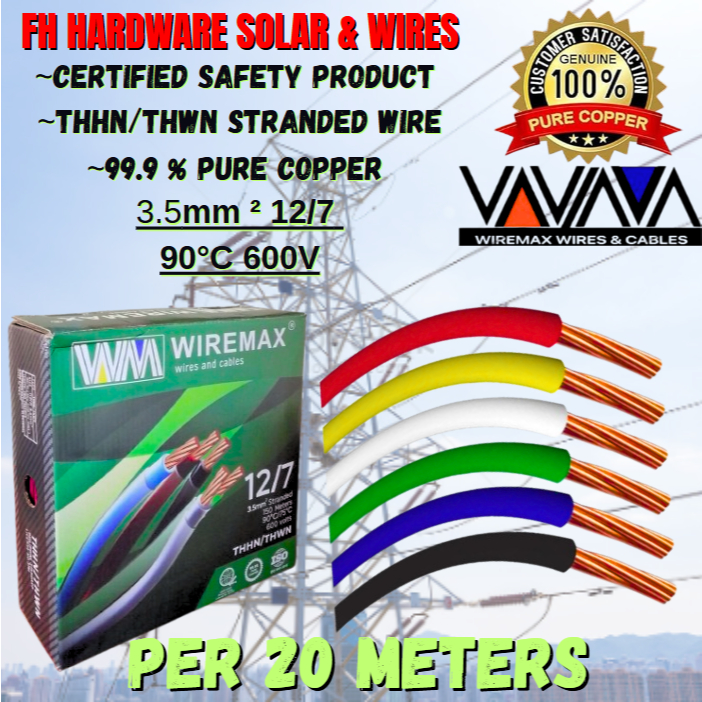 WIREMAX 99.9% PURE COPPER THHN/THWN STRANDED WIRE #12/7 (3.5mm²) Per 20 ...