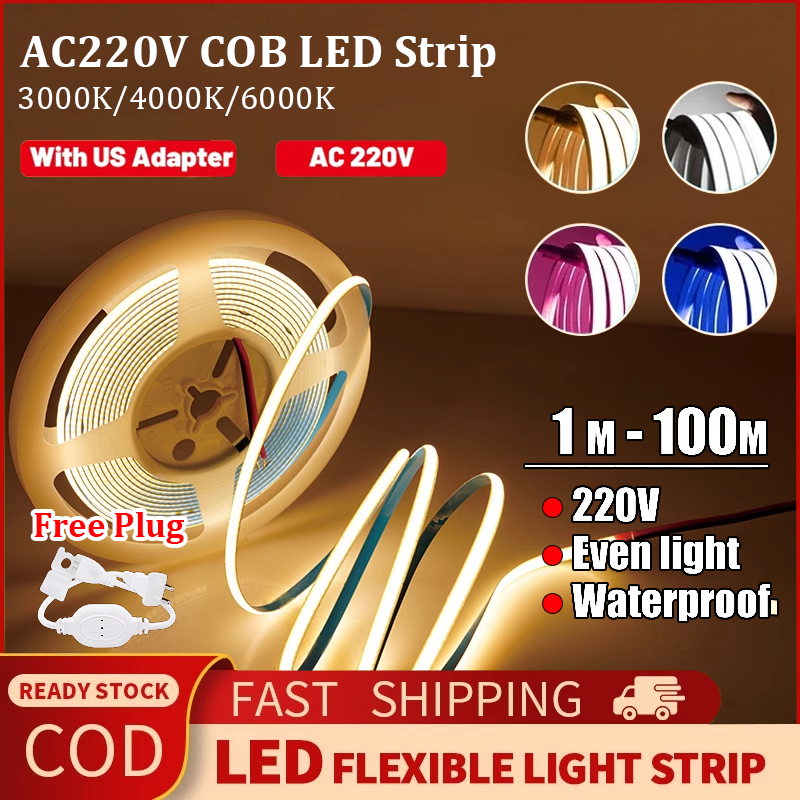 220V COB LED Strip 5M/10M/20M Waterproof Neon Light with EU Plug ...