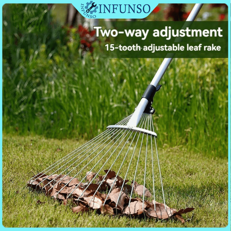 Adjustable Grass Rake Garden Lawn Grass Rake Leaf Rake 15Teeth 72-150 ...