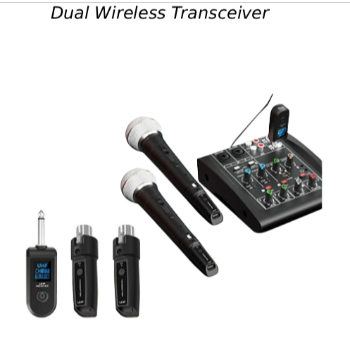 Dual Wireless Transceiver, consists of a microphone, transmitter, and ...