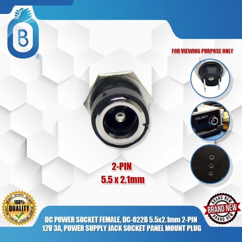 DC FEMALE POWER SOCKET DC-022B 5.5x2.1mm 2-PIN 12V, 3AJACK SOCKET PANEL ...