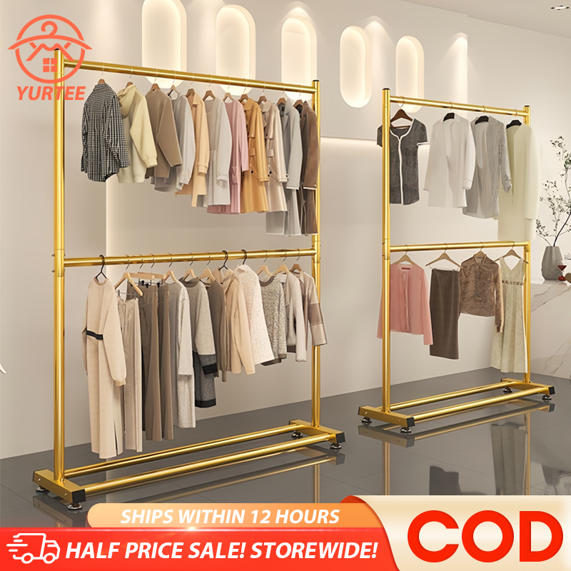 Sampayan Double Layer Clothes Rack with Wheels Movable Garment Rack ...
