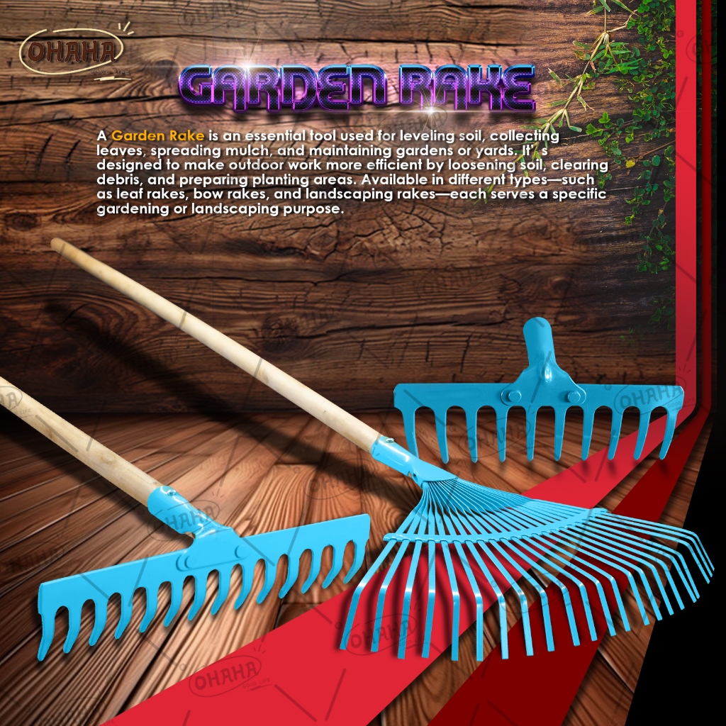 OHAHA FORK GARDEN RAKE LONG WOODEN HANDLE KALAYKAY FOR CLEANING LAWN ...
